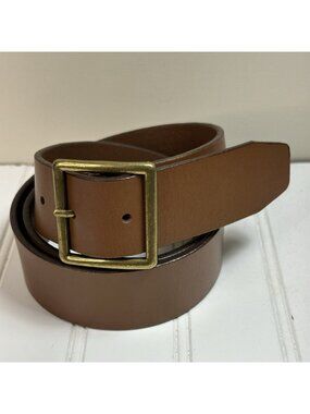 J. Crew Brown Leather Belt Size 34 Gold Toned Rustic Buckle Casual Unisex Boho